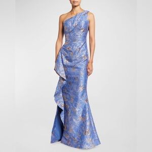 Teri Jon Metallic Jacquard One-Shoulder Side-Ruffle Gown